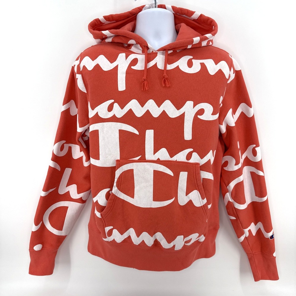 Champion Reverse Weave Hoodie Mens Medium Orange All Over Script Logo